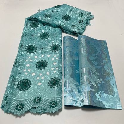 Luxury African 3D Flower Organza Lace Fabric Plain Color French Lace Material 5yards Matching with Swiss 3D Sego Headtie 2PCS