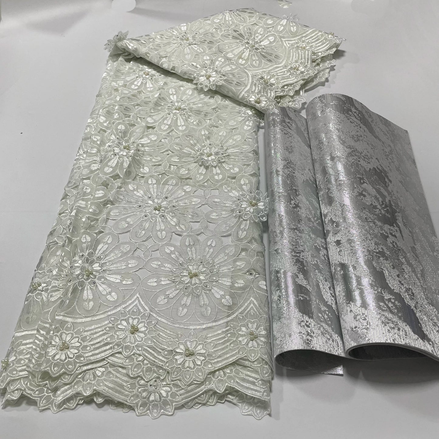 Luxury African 3D Flower Organza Lace Fabric Plain Color French Lace Material 5yards Matching with Swiss 3D Sego Headtie 2PCS