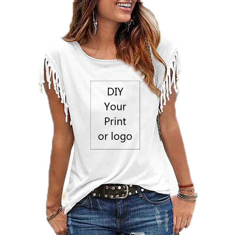 Customized Print T Shirt for Women DIY Your Like Photo or Logo Top Cotton Tassel Short Sleeve O-neck Cotton Tee