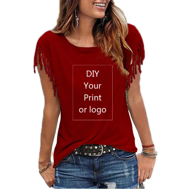 Customized Print T Shirt for Women DIY Your Like Photo or Logo Top Cotton Tassel Short Sleeve O-neck Cotton Tee