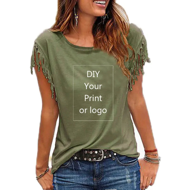 Customized Print T Shirt for Women DIY Your Like Photo or Logo Top Cotton Tassel Short Sleeve O-neck Cotton Tee