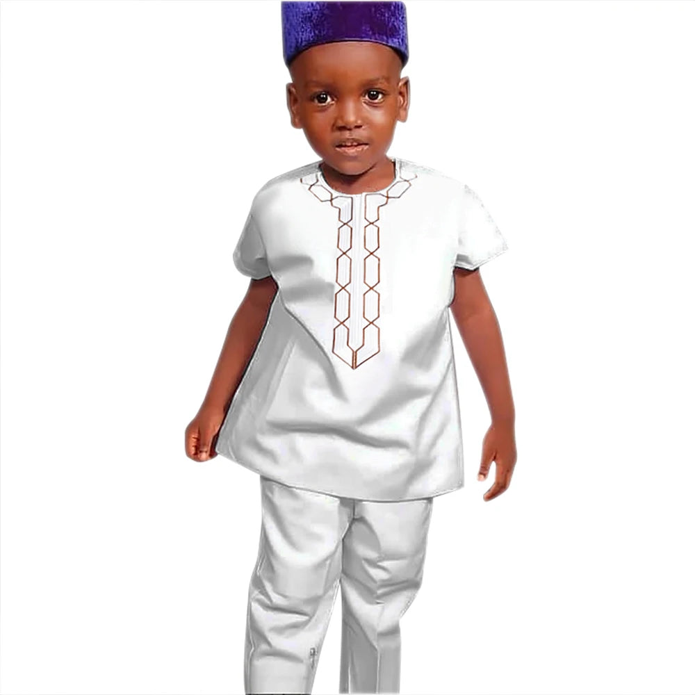 H&D Shirt Pants 2 Pieces Set For Kids Boys 2022 African Outfit Children Dashiki Embroidery Short Sleeve Top Trouser Suit Robe