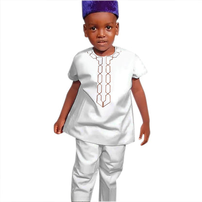 H&D Shirt Pants 2 Pieces Set For Kids Boys 2022 African Outfit Children Dashiki Embroidery Short Sleeve Top Trouser Suit Robe