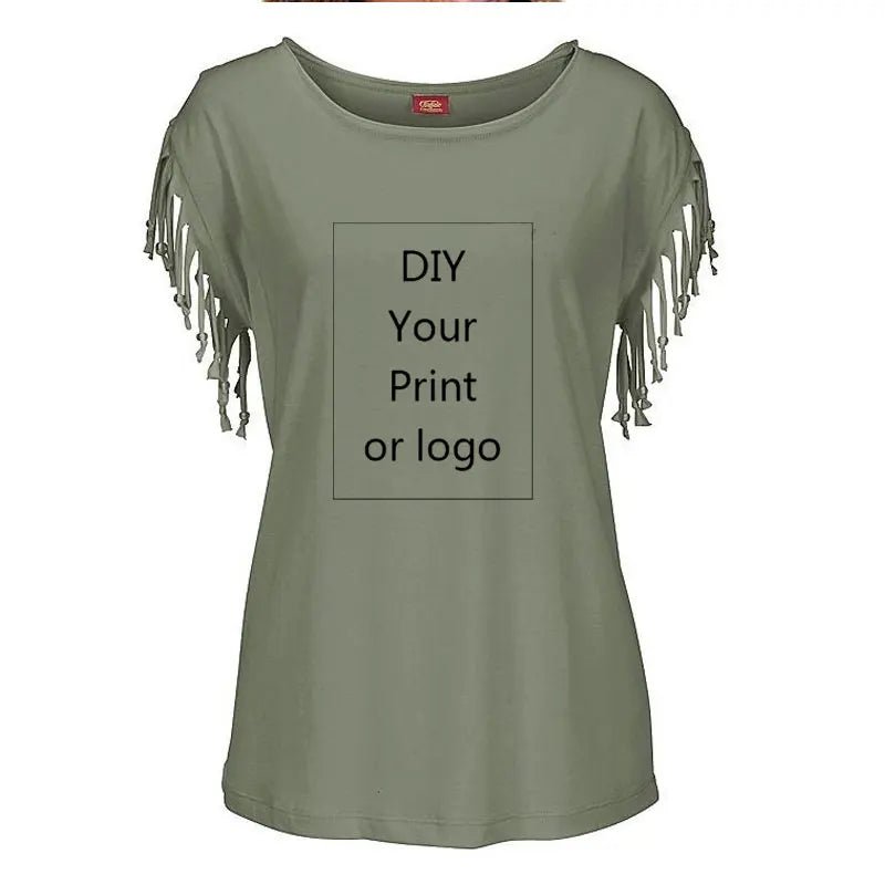 Customized Print T Shirt for Women DIY Your Like Photo or Logo Top Cotton Tassel Short Sleeve O-neck Cotton Tee