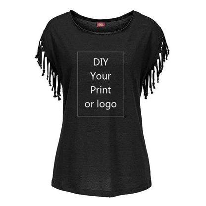 Customized Print T Shirt for Women DIY Your Like Photo or Logo Top Cotton Tassel Short Sleeve O-neck Cotton Tee