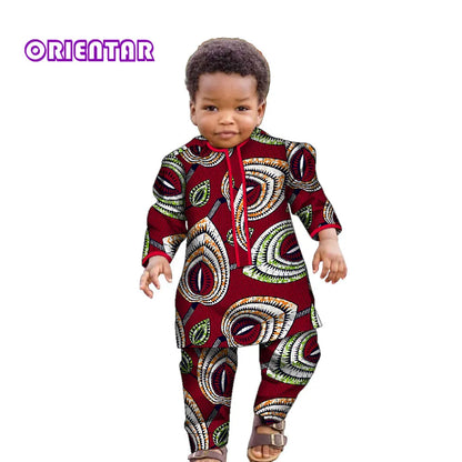 Ankara Fashion Floral Print Boy Suit 2 Pcs Set Long Sleeve Shirt and Pant African Clothes for Boy Dashiki Boy Outfit Wyt621