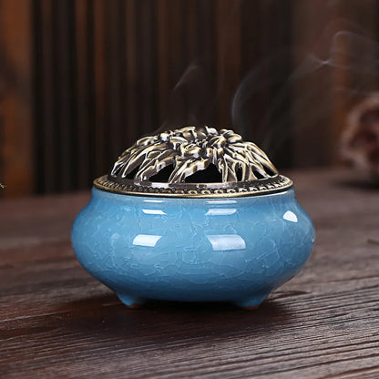 Ice Crack Ceramic Disc Incense Burner with Sandalwood Incense - Buddha Incense Holder for Room Decor, Censer