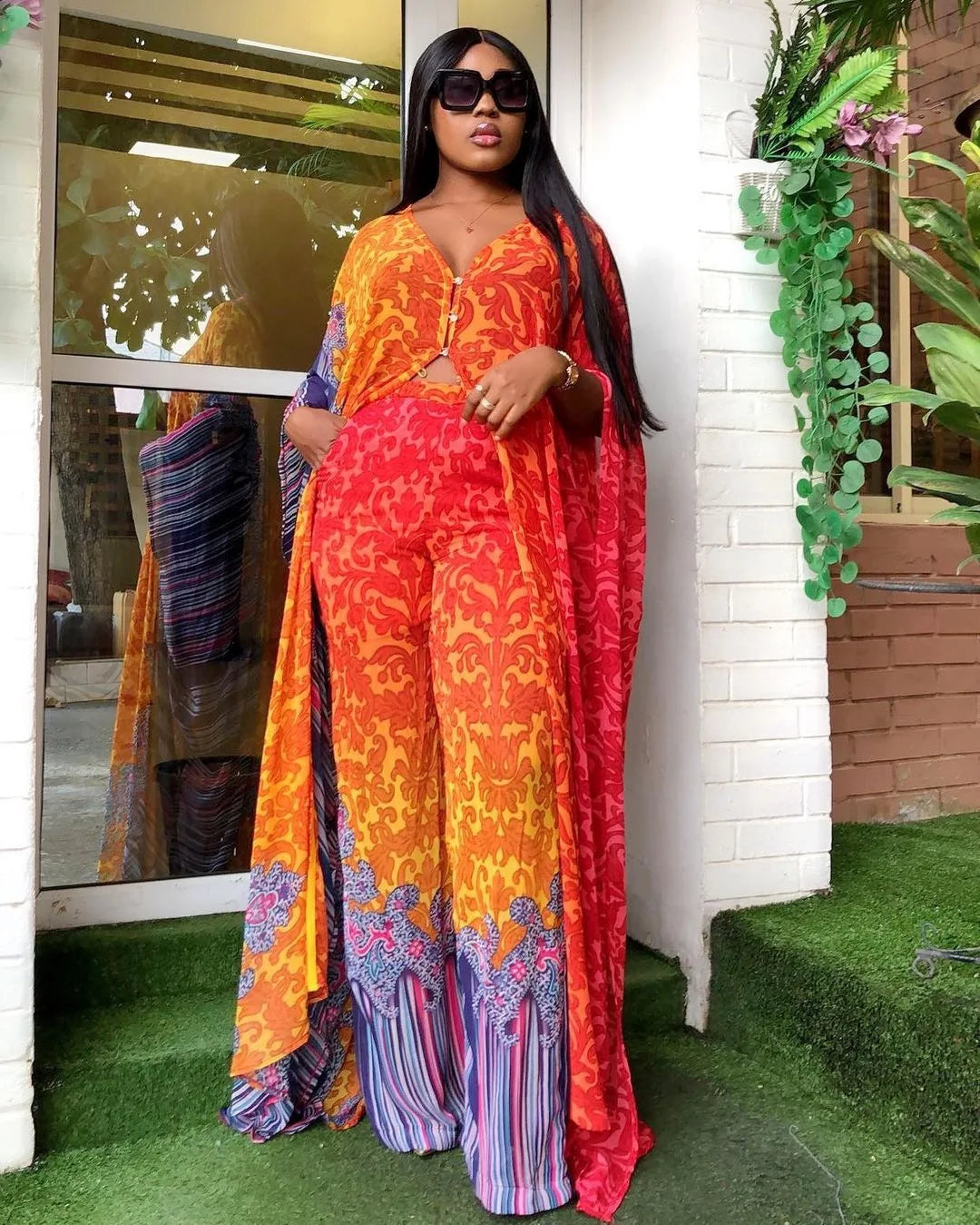 Women Africa Abaya 2 Piece Set 2024 African Dashiki New Fashion Two Piece Suit Wide Tops + Long Pants Party Free Size For Ladies