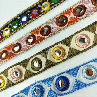 1 yard Ethnic Mirror Embroidered Webbing 2 cm Indian Trim DIY Handmade Sewing Net Yarn Ribbons Clothing Decorative Lace Trim