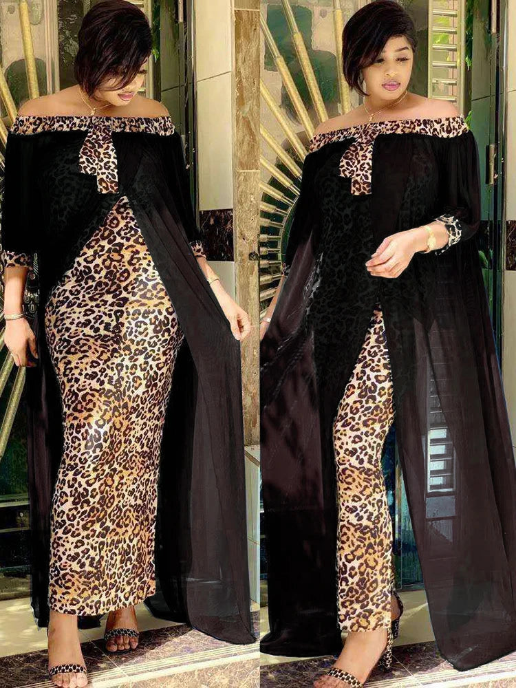 Autumn Sexy Leopard Printed Dashiki African Dresses for Women Party Half Sleeve Slash Neck Femme Robe