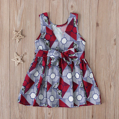 2021 New Arrival Summer Fashion African Children V-neck Sleeveless Polyester Printing Dress African Dresses for Children