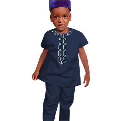 H&D Shirt Pants 2 Pieces Set For Kids Boys 2022 African Outfit Children Dashiki Embroidery Short Sleeve Top Trouser Suit Robe