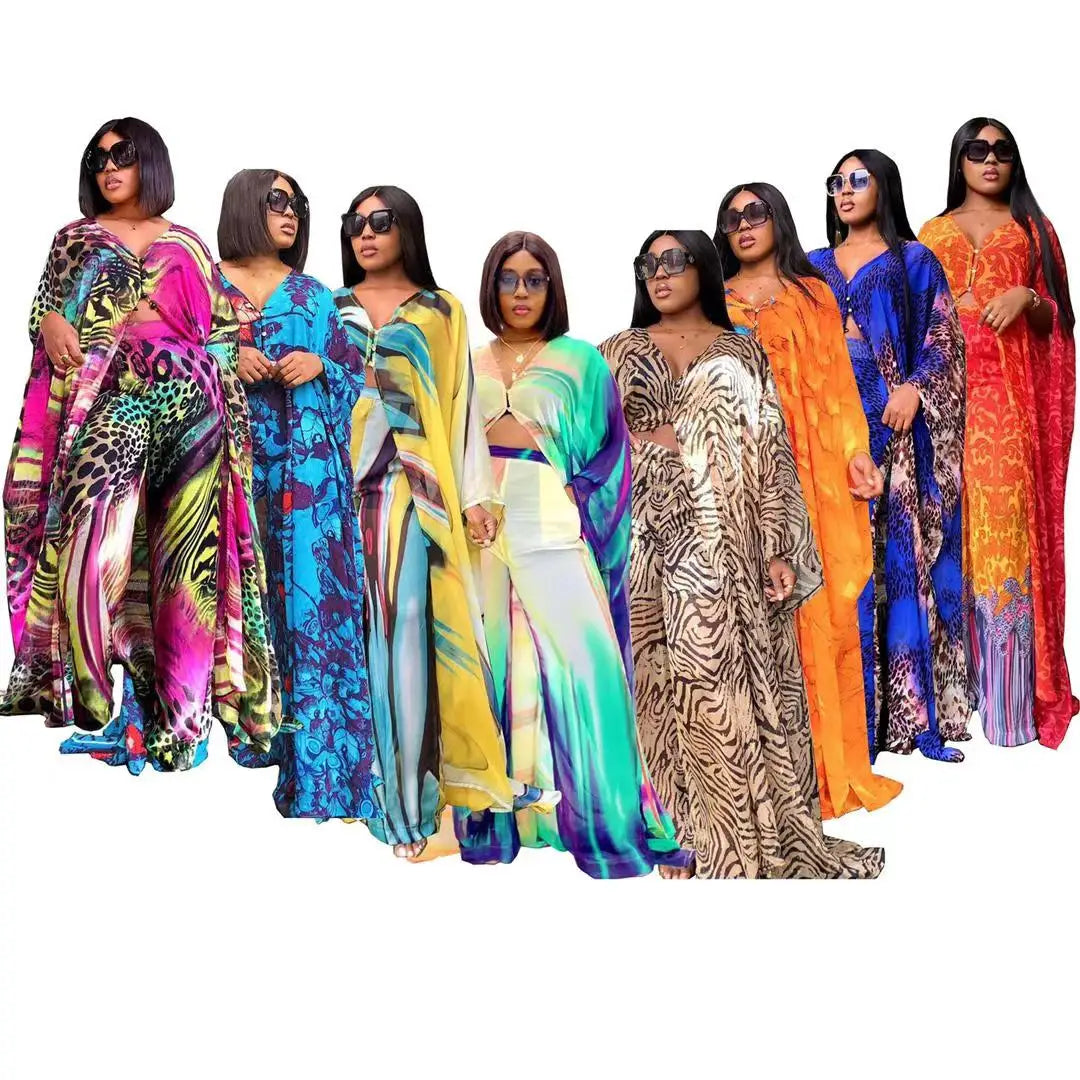 Women Africa Abaya 2 Piece Set 2024 African Dashiki New Fashion Two Piece Suit Wide Tops + Long Pants Party Free Size For Ladies