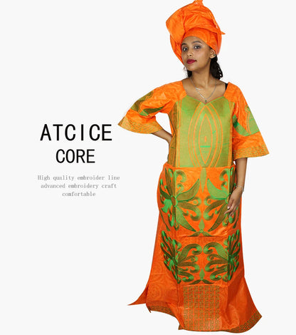 African Dress For Woman Bazin Riche Embroidery Design Floor Length Dress With Scarf