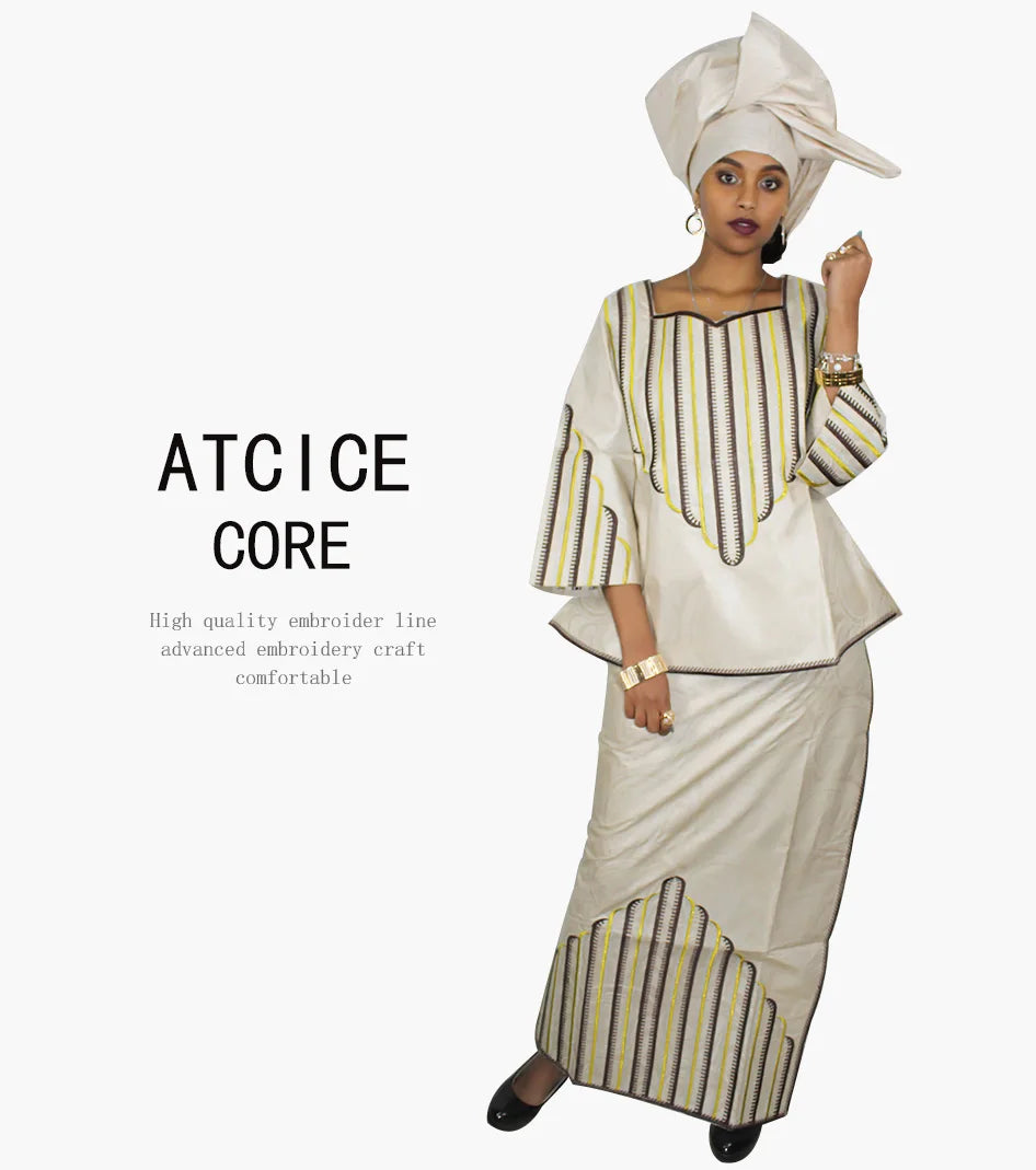 African Dresses For Woman Bazin Riche Computer Emboridery Plus Size Long Dress With Scarf