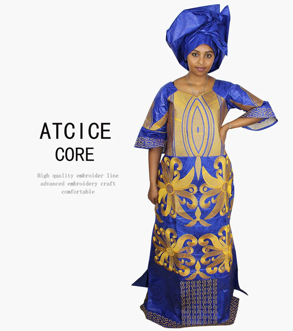 African Dress For Woman Bazin Riche Embroidery Design Floor Length Dress With Scarf