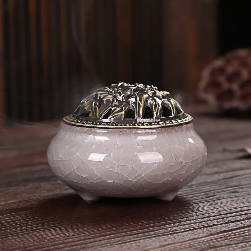 Ice Crack Ceramic Disc Incense Burner with Sandalwood Incense - Buddha Incense Holder for Room Decor, Censer