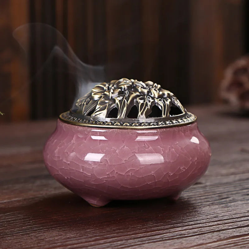 Ice Crack Ceramic Disc Incense Burner with Sandalwood Incense - Buddha Incense Holder for Room Decor, Censer