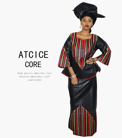 African Dresses For Woman Bazin Riche Computer Emboridery Plus Size Long Dress With Scarf