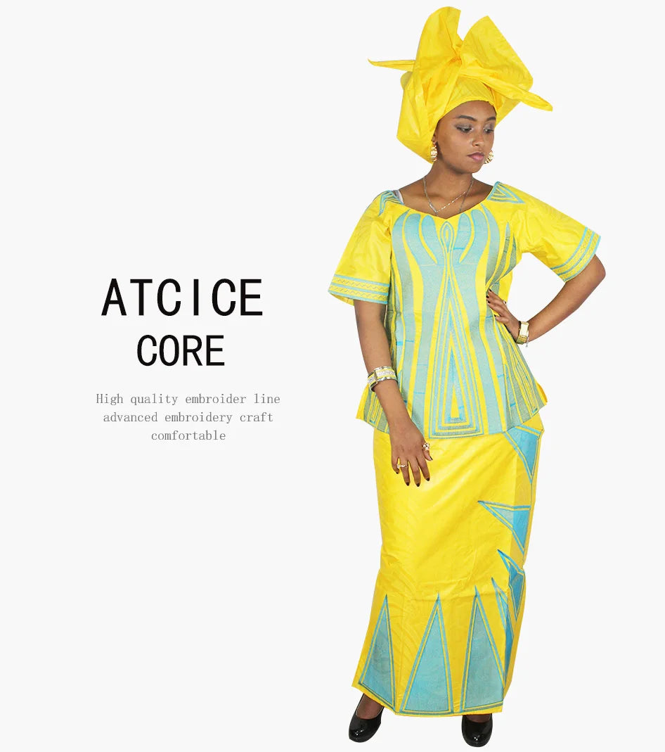 African Dresses For Women African Fabric Bazin Riche Embroidery Design Dress Long Dress With Headtie African Clothes