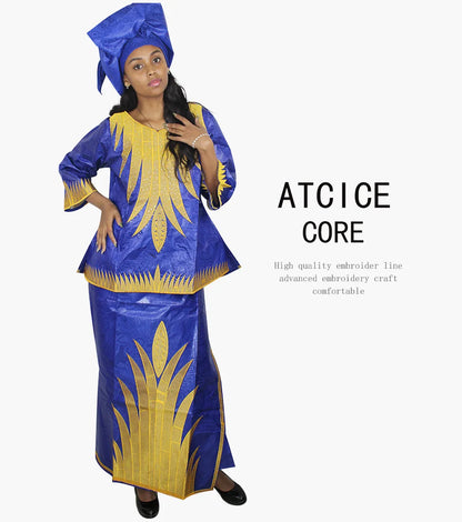 African Dresses For Women Church Dress Bazin Riche Embroidery Design Robe Top Scarf Three Pcs One Set