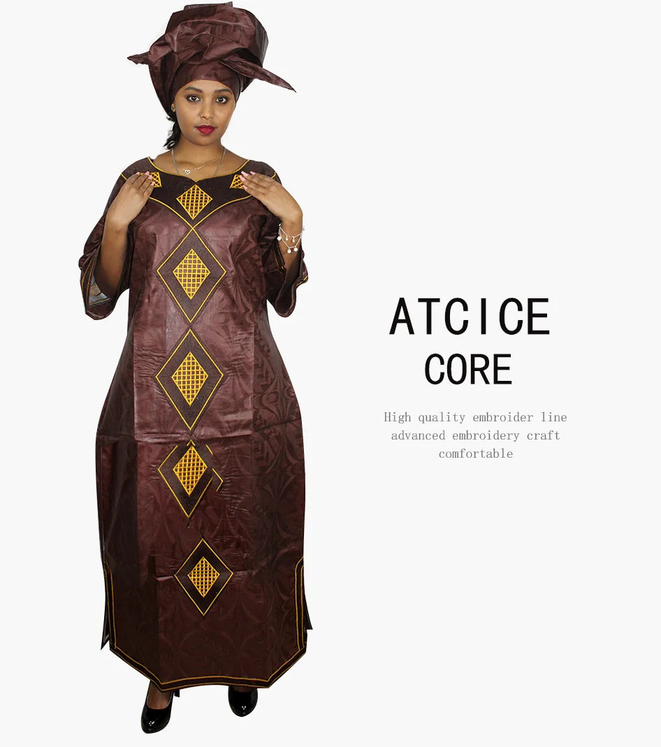 African Dresses For Women Fashion Design New African Bazin Embroidery Design Dress Long Dress With Scarf