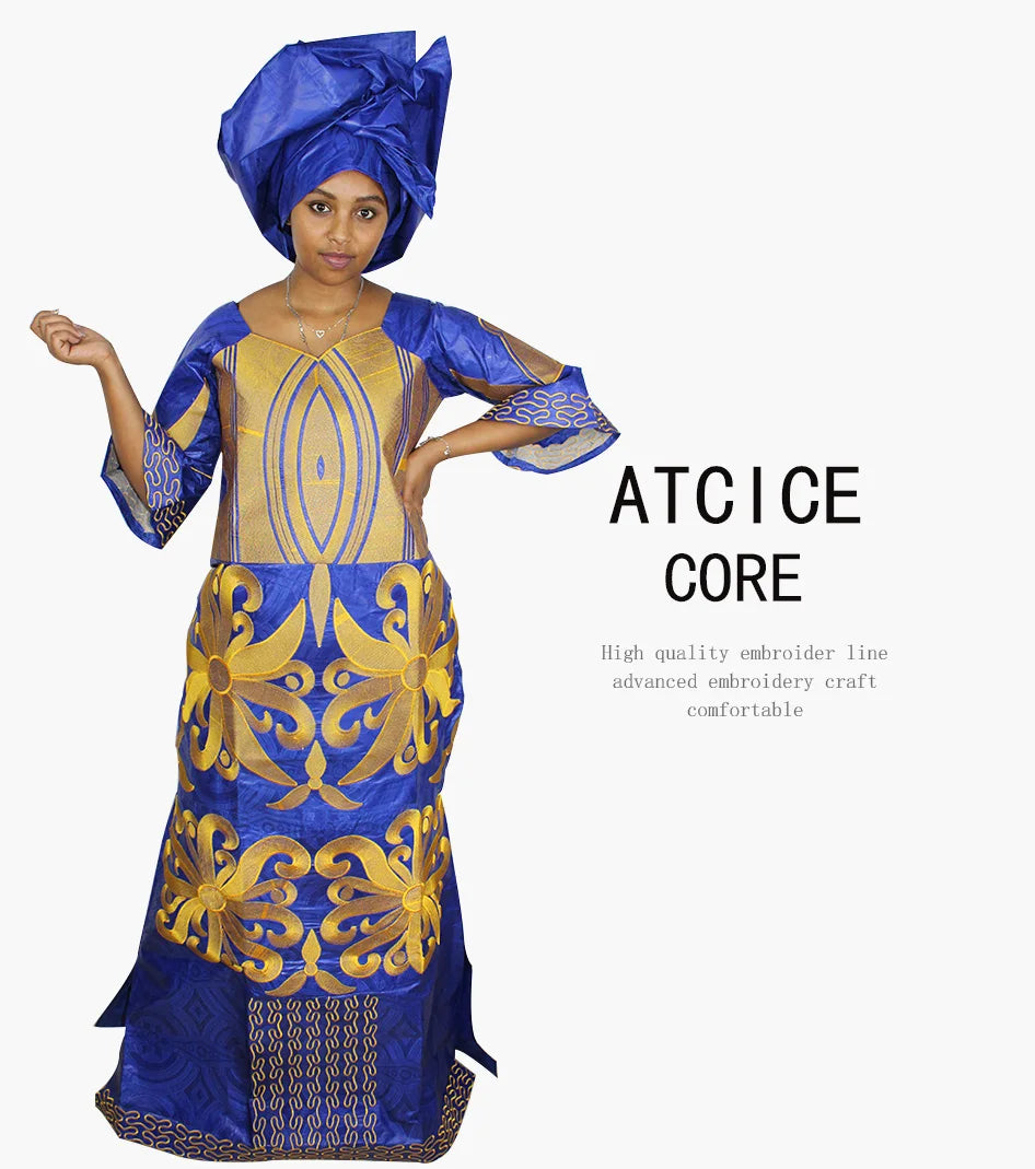 African Dress For Woman Bazin Riche Embroidery Design Floor Length Dress With Scarf