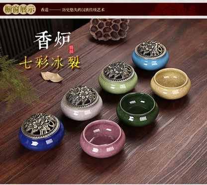 Ice Crack Ceramic Disc Incense Burner with Sandalwood Incense - Buddha Incense Holder for Room Decor, Censer