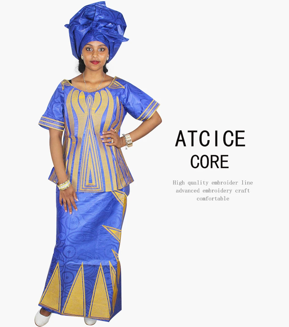 African Dresses For Women African Fabric Bazin Riche Embroidery Design Dress Long Dress With Headtie African Clothes