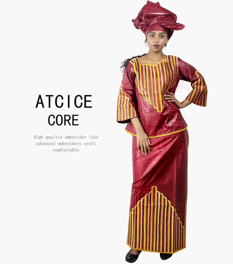 African Dresses For Woman Bazin Riche Computer Emboridery Plus Size Long Dress With Scarf