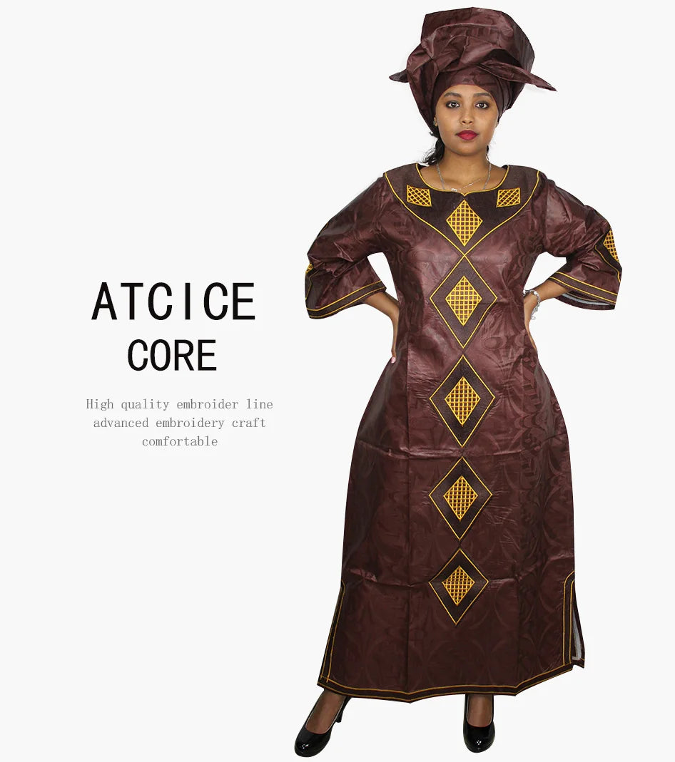 African Dresses For Women Fashion Design New African Bazin Embroidery Design Dress Long Dress With Scarf