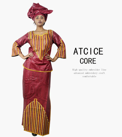 African Dresses For Woman Bazin Riche Computer Emboridery Plus Size Long Dress With Scarf