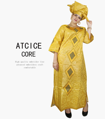 African Dresses For Women Fashion Design New African Bazin Embroidery Design Dress Long Dress With Scarf