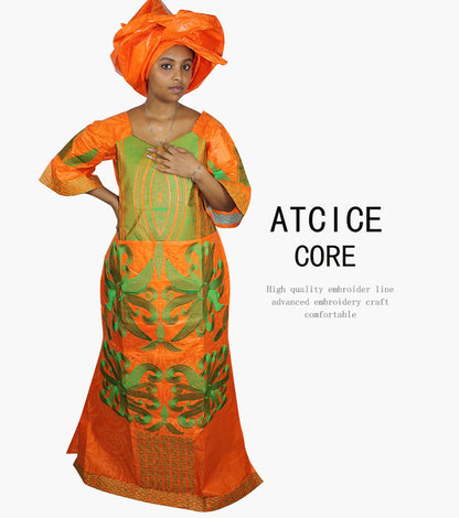 African Dress For Woman Bazin Riche Embroidery Design Floor Length Dress With Scarf