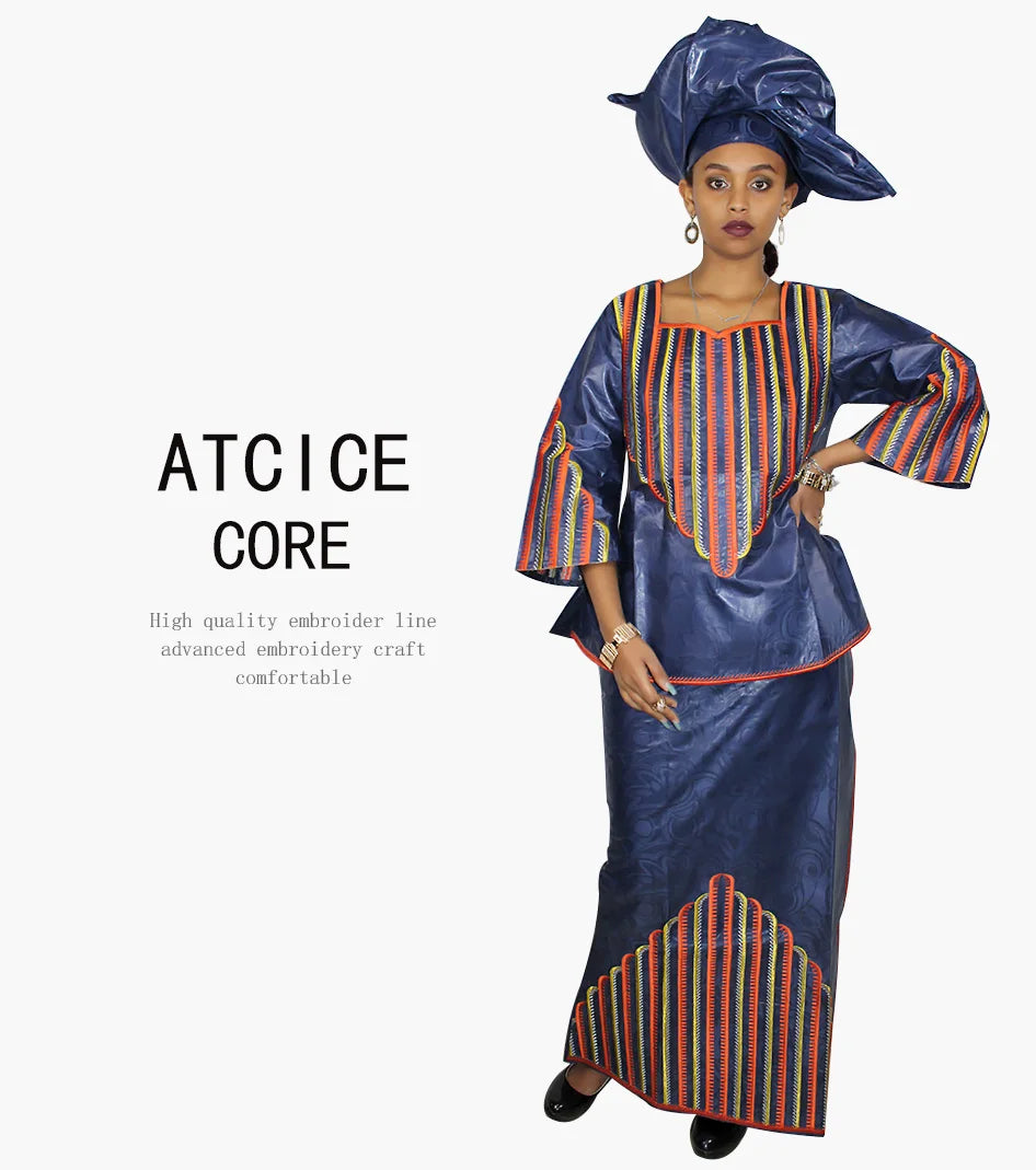 African Dresses For Woman Bazin Riche Computer Emboridery Plus Size Long Dress With Scarf