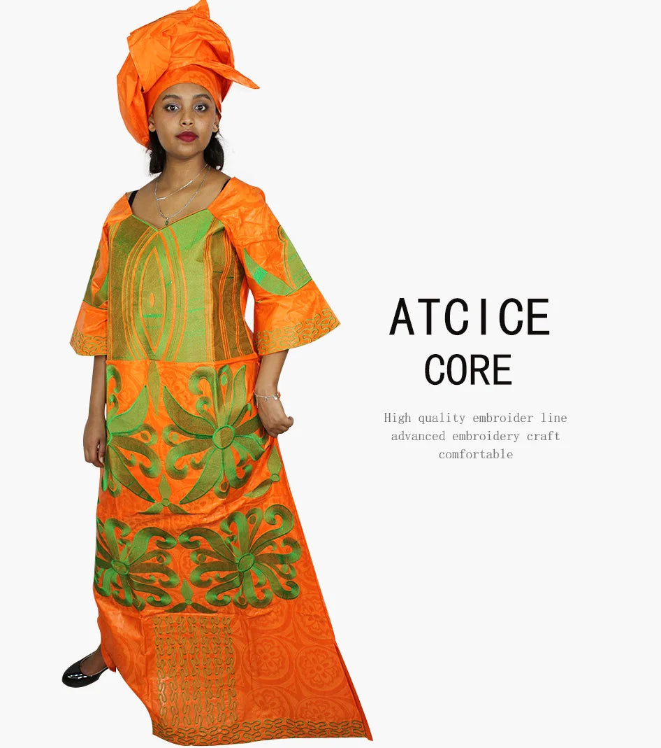 African Dress For Woman Bazin Riche Embroidery Design Floor Length Dress With Scarf