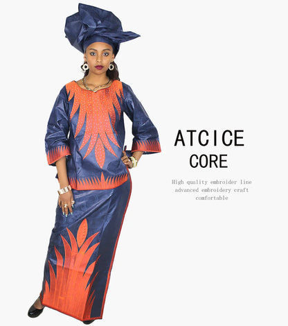 African Dresses For Women Church Dress Bazin Riche Embroidery Design Robe Top Scarf Three Pcs One Set