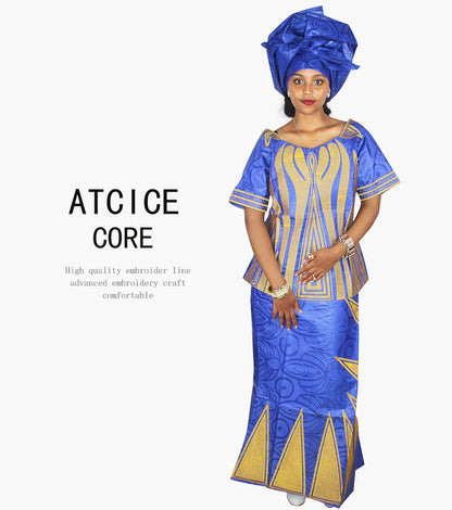 African Dresses For Women African Fabric Bazin Riche Embroidery Design Dress Long Dress With Headtie African Clothes