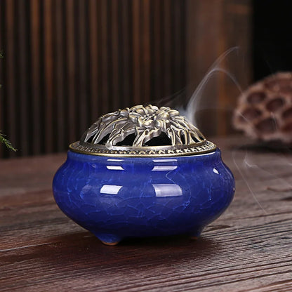 Ice Crack Ceramic Disc Incense Burner with Sandalwood Incense - Buddha Incense Holder for Room Decor, Censer