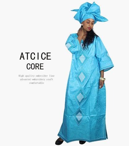 African Dresses For Women Fashion Design New African Bazin Embroidery Design Dress Long Dress With Scarf