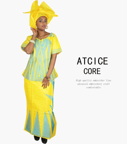 African Dresses For Women African Fabric Bazin Riche Embroidery Design Dress Long Dress With Headtie African Clothes