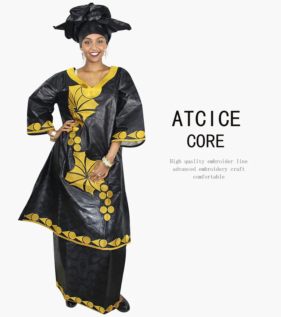 African Dresses Ror Women Bazin Riche Embroidery Design Long Dress With Rapper Scarf