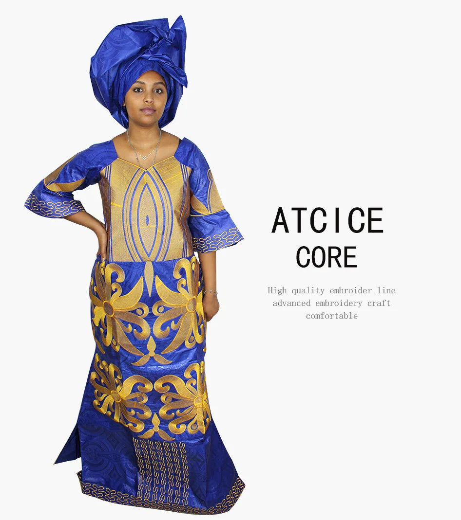 African Dress For Woman Bazin Riche Embroidery Design Floor Length Dress With Scarf