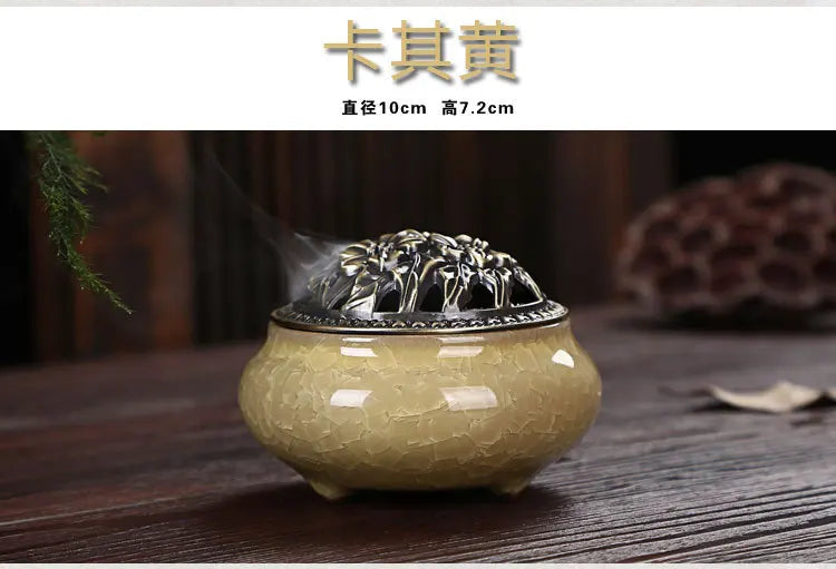 Ice Crack Ceramic Disc Incense Burner with Sandalwood Incense - Buddha Incense Holder for Room Decor, Censer