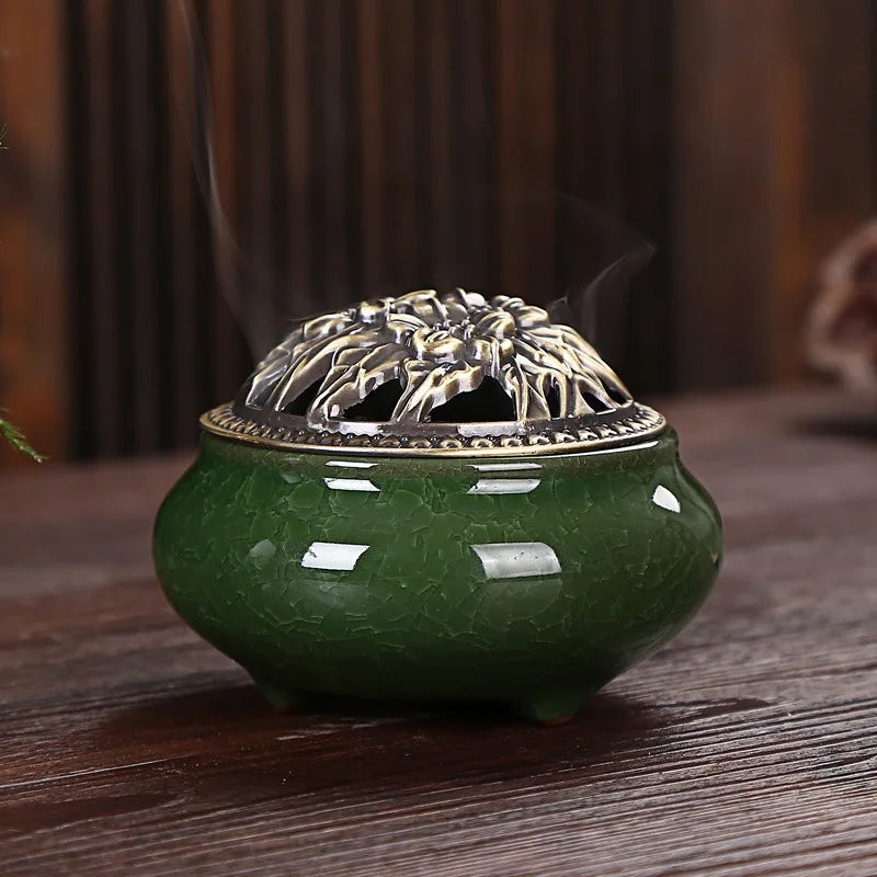 Ice Crack Ceramic Disc Incense Burner with Sandalwood Incense - Buddha Incense Holder for Room Decor, Censer