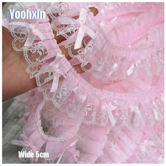 5CM Wide New Pink Embroidery 3D Flower Lace Fabric Trim Ribbon DIY Sewing Applique Collar Fringe Tassel Wedding Guipure Decor