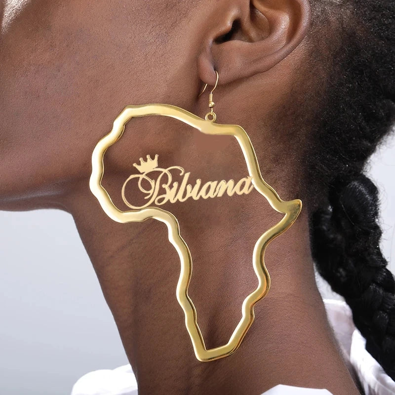 Anniyo African Map Custom Name For Women Stainless Steel Personalized Big Earrings Exaggerate Africa Traditional Ethnic Jewelry