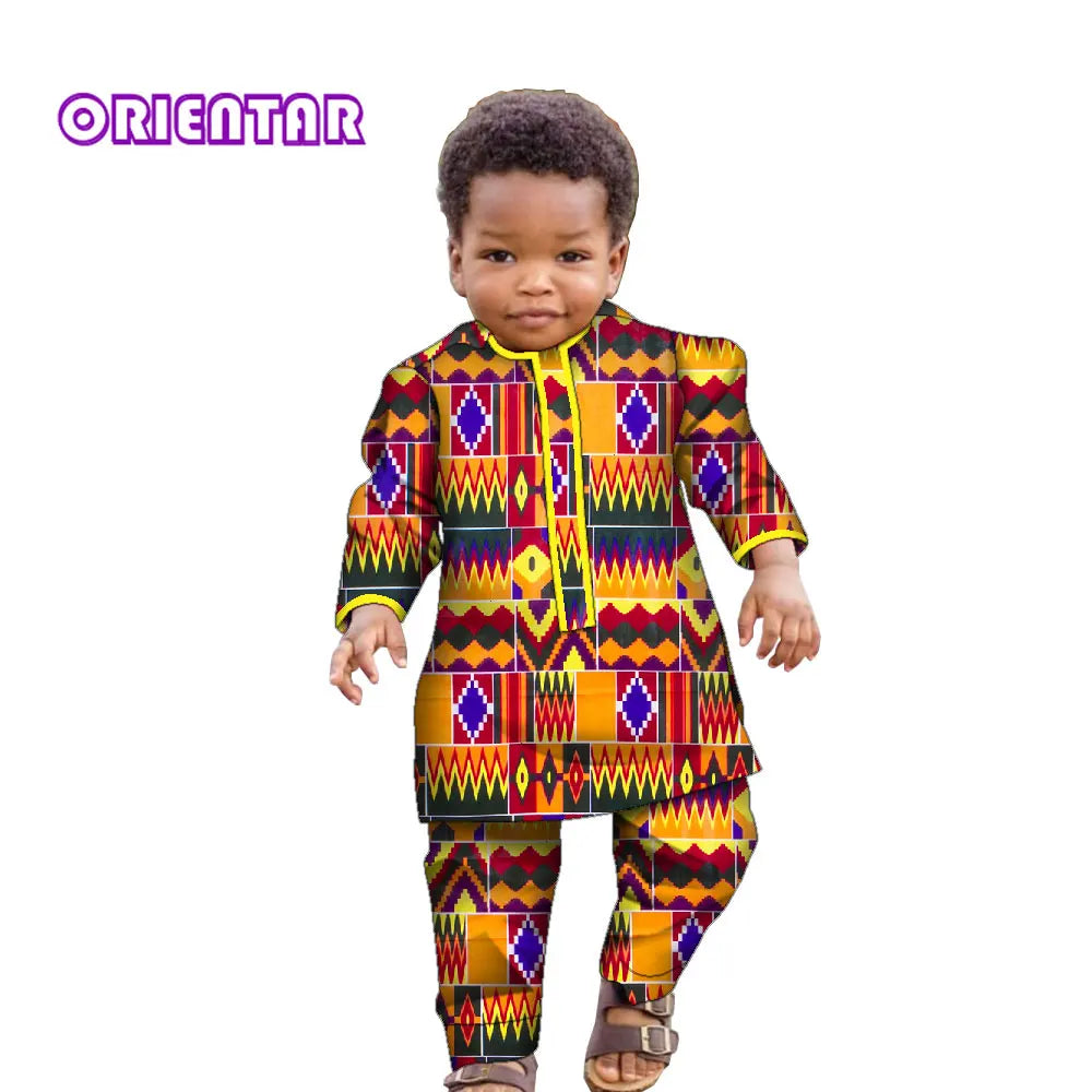 Ankara Fashion Floral Print Boy Suit 2 Pcs Set Long Sleeve Shirt and Pant African Clothes for Boy Dashiki Boy Outfit Wyt621