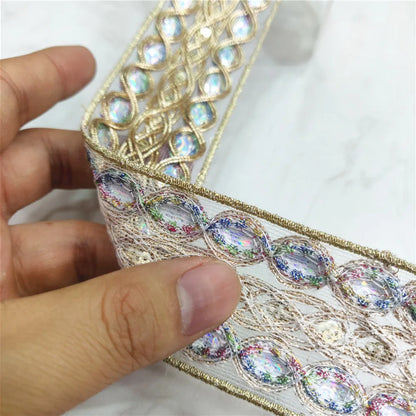 2.5/4.5 cm Width Colorful Sequins Gold thread Lace 3D Embroidered Webbing White Sewing Lace for Wedding Needlework Dress