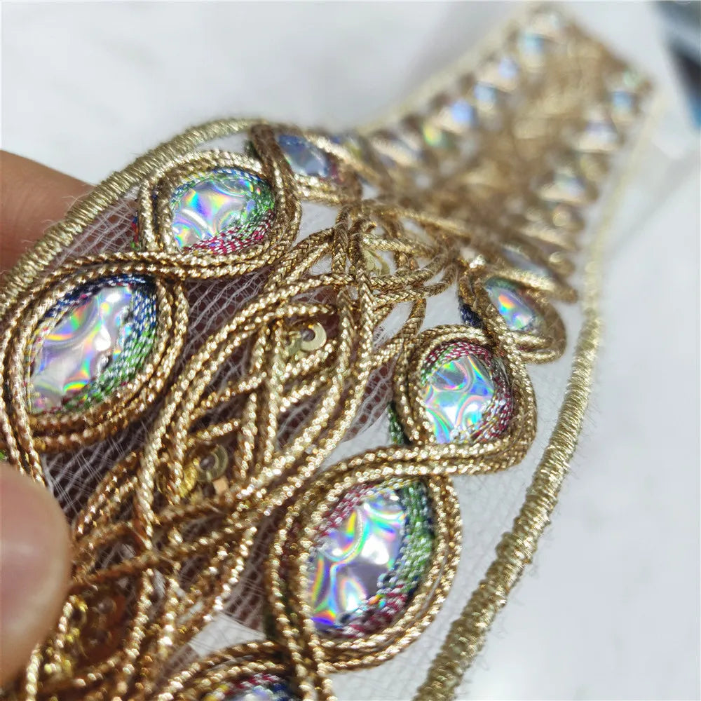 2.5/4.5 cm Width Colorful Sequins Gold thread Lace 3D Embroidered Webbing White Sewing Lace for Wedding Needlework Dress